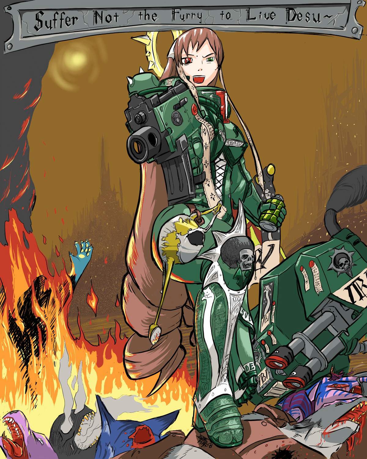 1girl brown_hair fire green_eyes heterochromia image long_hair solo suiseiseki weapon