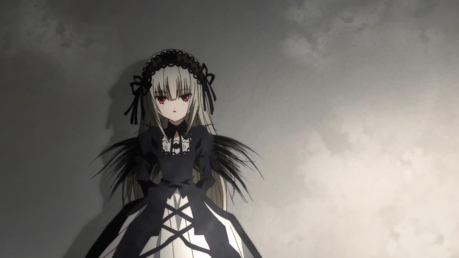 1girl bangs black_dress black_ribbon black_wings dress hairband image juliet_sleeves long_hair long_sleeves looking_at_viewer puffy_sleeves red_eyes ribbon rose silver_hair solo suigintou wings