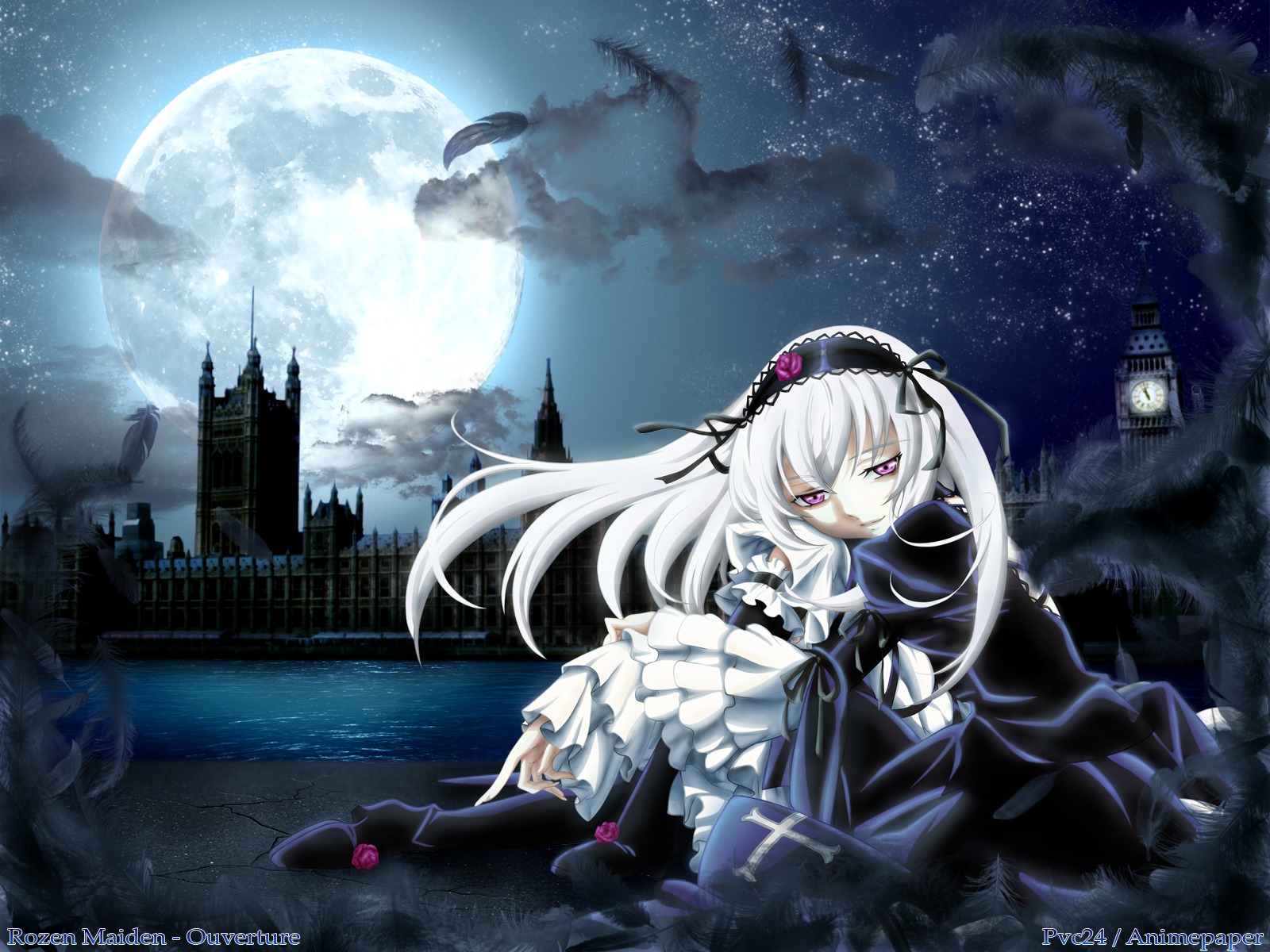 1girl castle flower full_moon gothic_lolita hairband image lolita_hairband long_hair moon night night_sky pink_eyes purple_eyes rose silver_hair sky solo star_(sky) starry_sky suigintou watermark wings