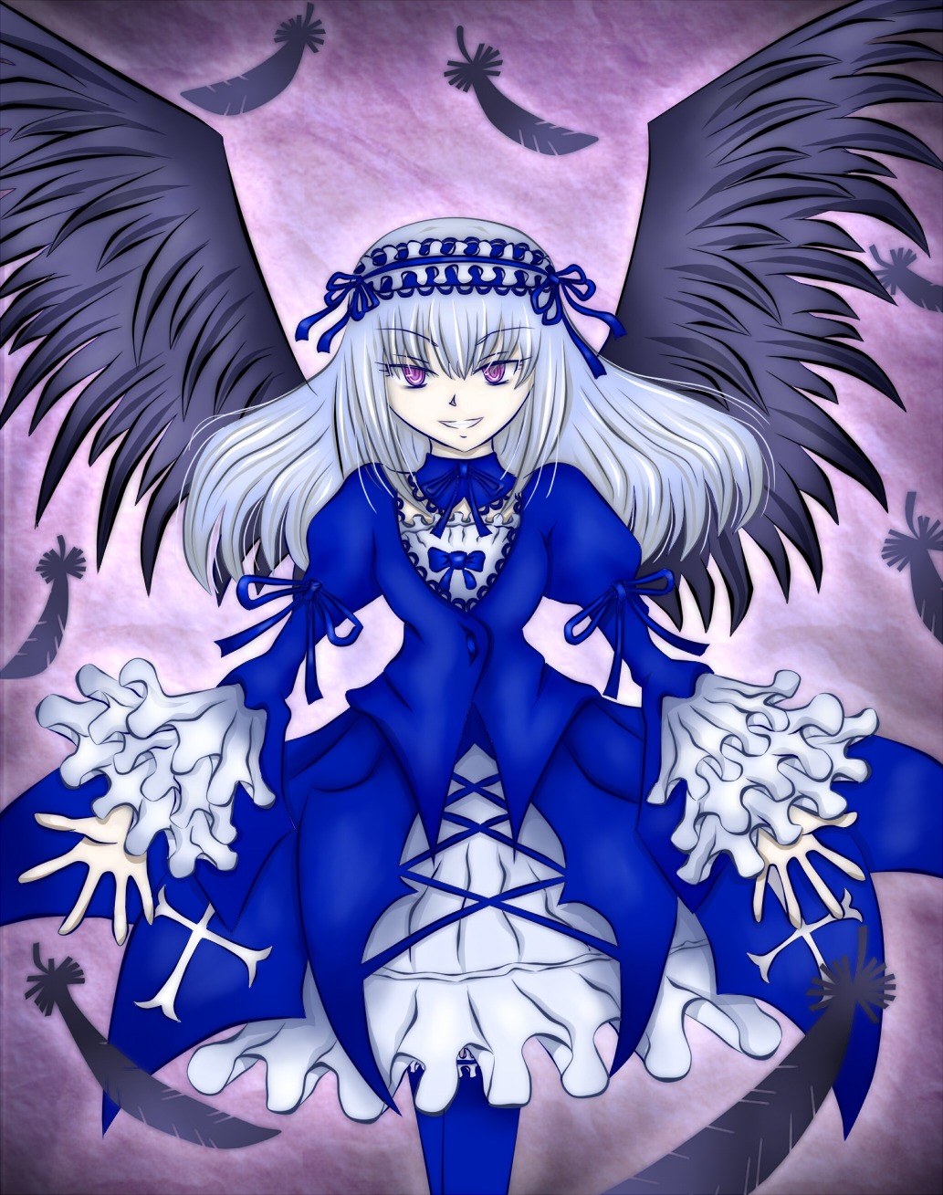 1girl black_wings dress feathered_wings feathers frilled_sleeves frills hairband image lolita_hairband long_hair long_sleeves looking_at_viewer silver_hair smile solo suigintou wings