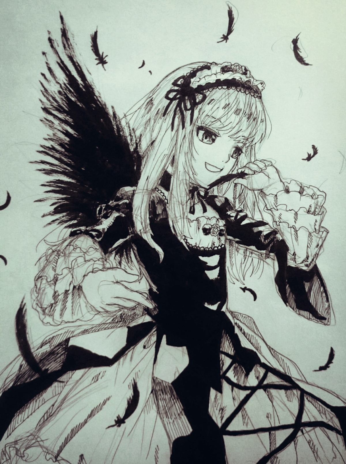 1girl animal bird bird_on_hand black_feathers crow dove dress feathered_wings feathers flower frills greyscale hairband image lolita_hairband long_hair long_sleeves monochrome open_mouth seagull smile solo suigintou traditional_media white_feathers wings