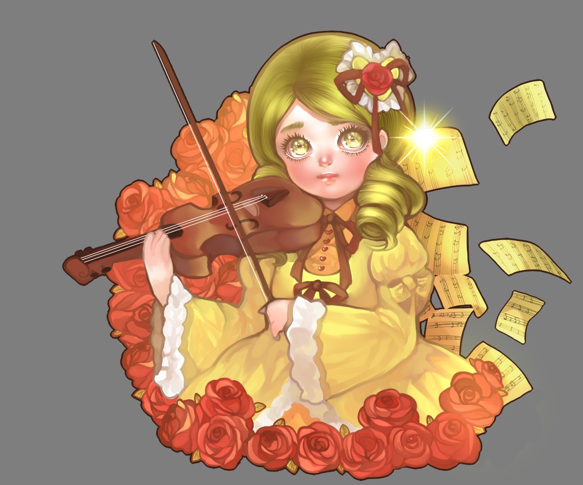 1girl blonde_hair drill_hair flower hair_ornament image instrument kanaria red_flower red_rose ribbon rose solo violin yellow_eyes yellow_flower yellow_rose