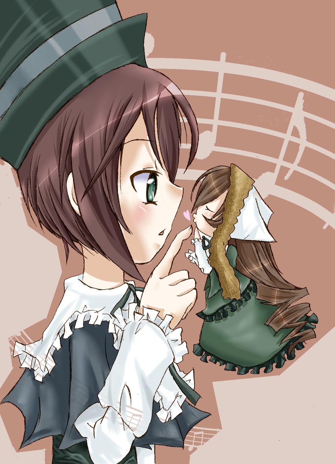 2girls brown_hair closed_eyes dress drill_hair frills green_dress hat head_scarf image long_hair long_sleeves multiple_girls pair short_hair siblings sisters souseiseki suiseiseki twins yuri