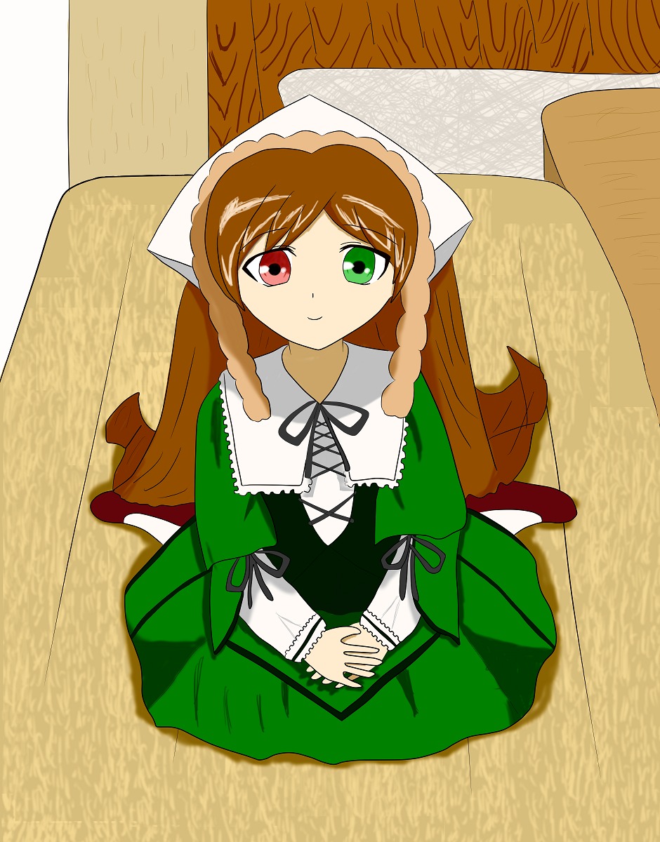 1girl brown_hair dress frills from_above full_body green_dress green_eyes head_scarf heterochromia image long_hair long_sleeves looking_at_viewer own_hands_together red_eyes sitting smile solo suiseiseki very_long_hair