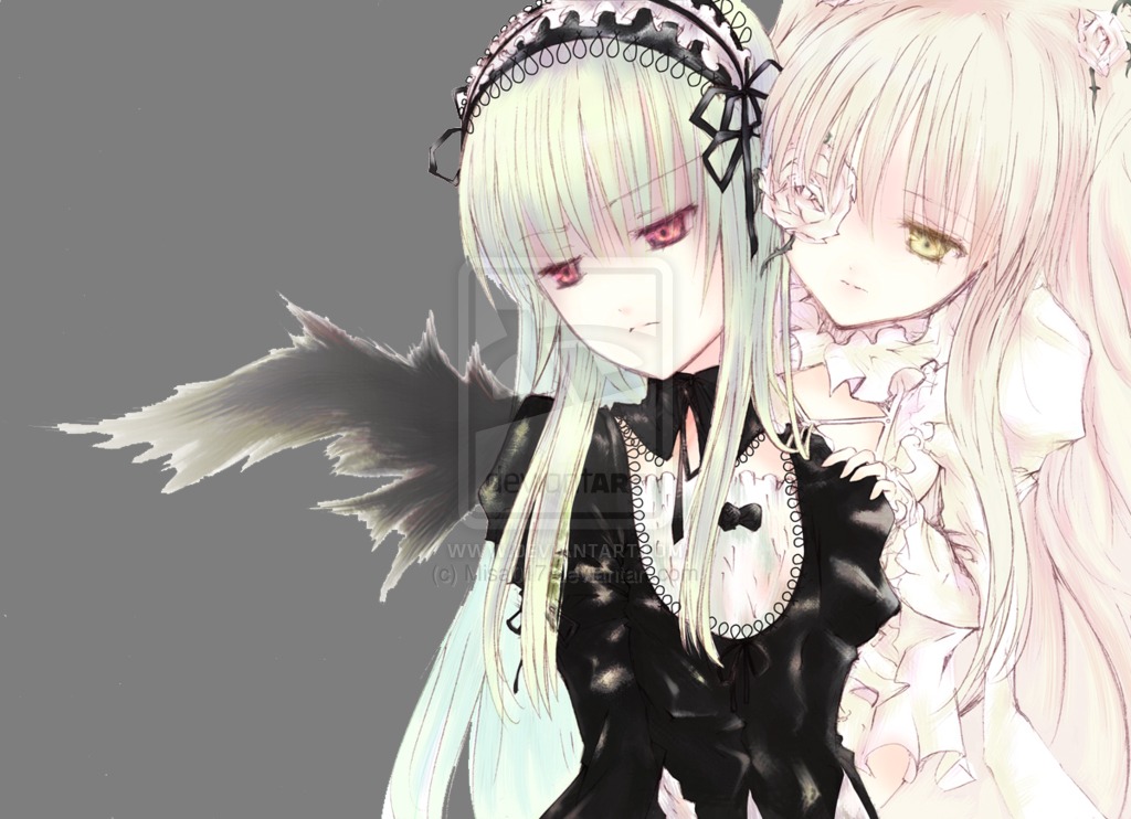 2girls black_wings blonde_hair detached_collar dress flower frills hairband image kirakishou long_hair long_sleeves looking_at_viewer multiple_girls pair ribbon rose silver_hair simple_background suigintou upper_body wings