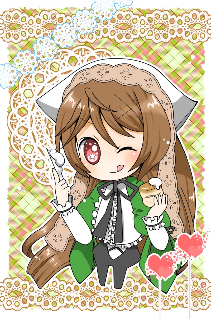 1boy brown_hair chibi food head_scarf heart image long_hair one_eye_closed red_eyes solo suiseiseki tongue tongue_out very_long_hair