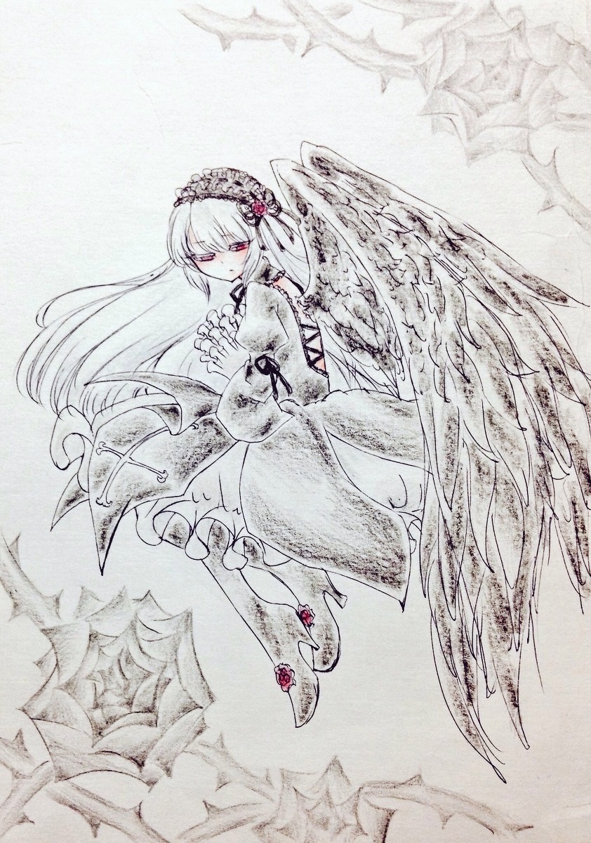 1girl dress feathered_wings flower frills full_body hairband image long_hair long_sleeves looking_at_viewer red_eyes solo spot_color suigintou traditional_media wings