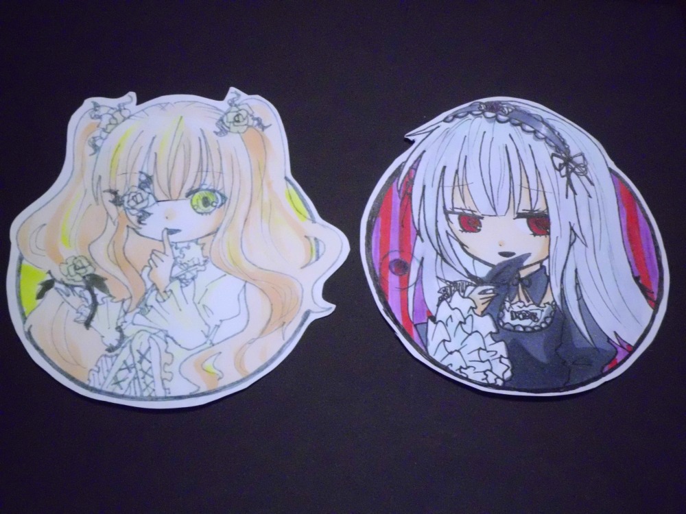 2girls blonde_hair covering_mouth dress finger_to_mouth flower frills hair_flower hair_ornament image kirakishou long_hair multiple_girls pair red_eyes rose suigintou traditional_media twintails white_flower white_hair