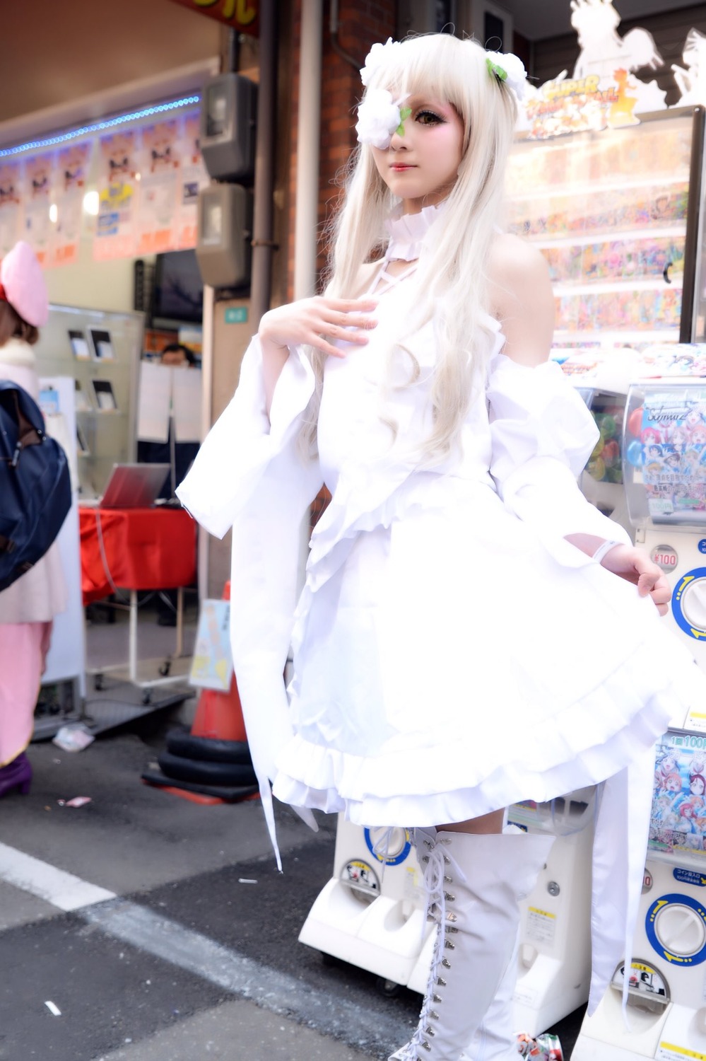 1girl blurry depth_of_field dress hand_on_own_chest indoors kirakishou long_hair photo solo standing white_dress white_hair