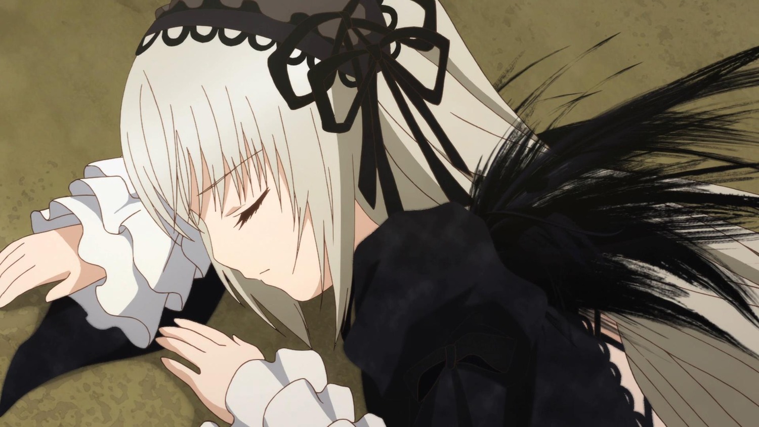 1girl black_dress black_ribbon black_wings closed_eyes closed_mouth dress frilled_sleeves frills hairband image long_hair long_sleeves profile ribbon silver_hair solo suigintou upper_body wings