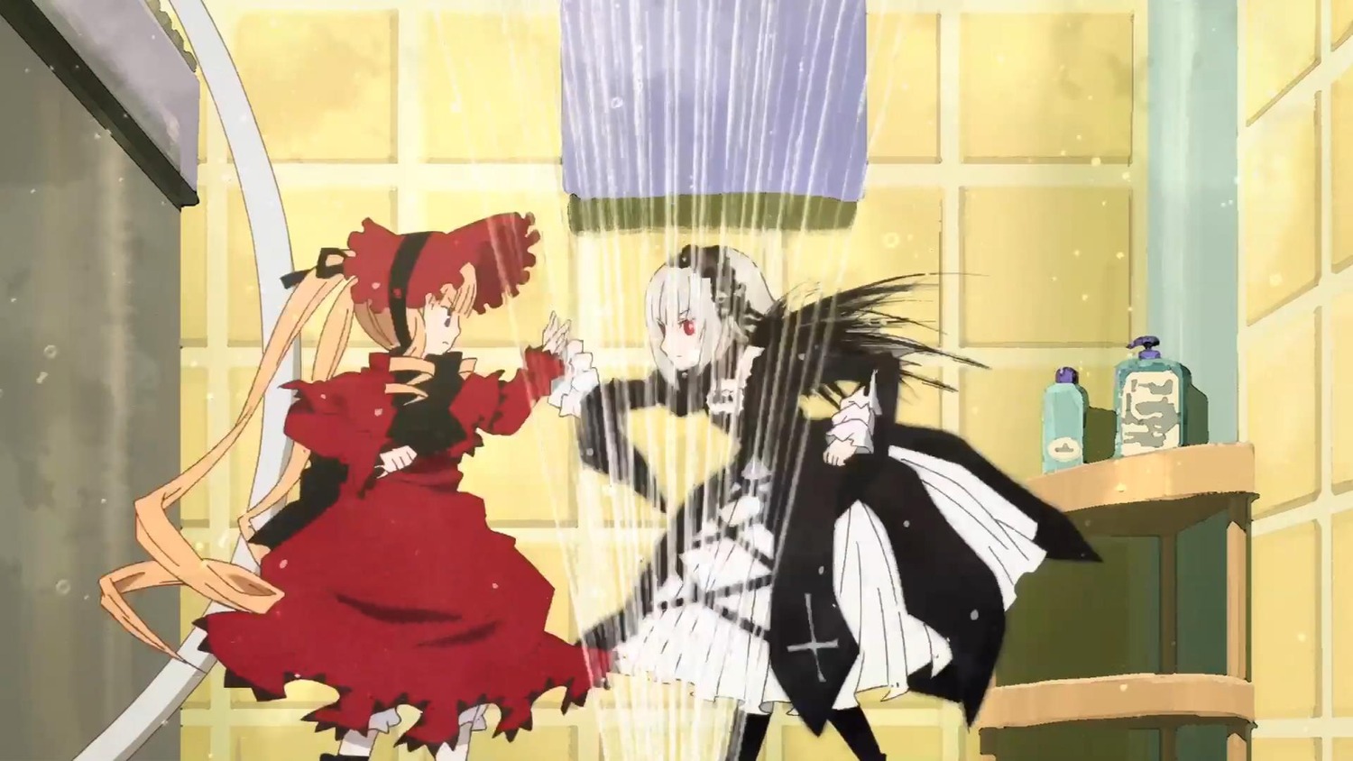 blonde_hair curtains dress image long_hair long_sleeves multiple_girls pair shinku standing suigintou window