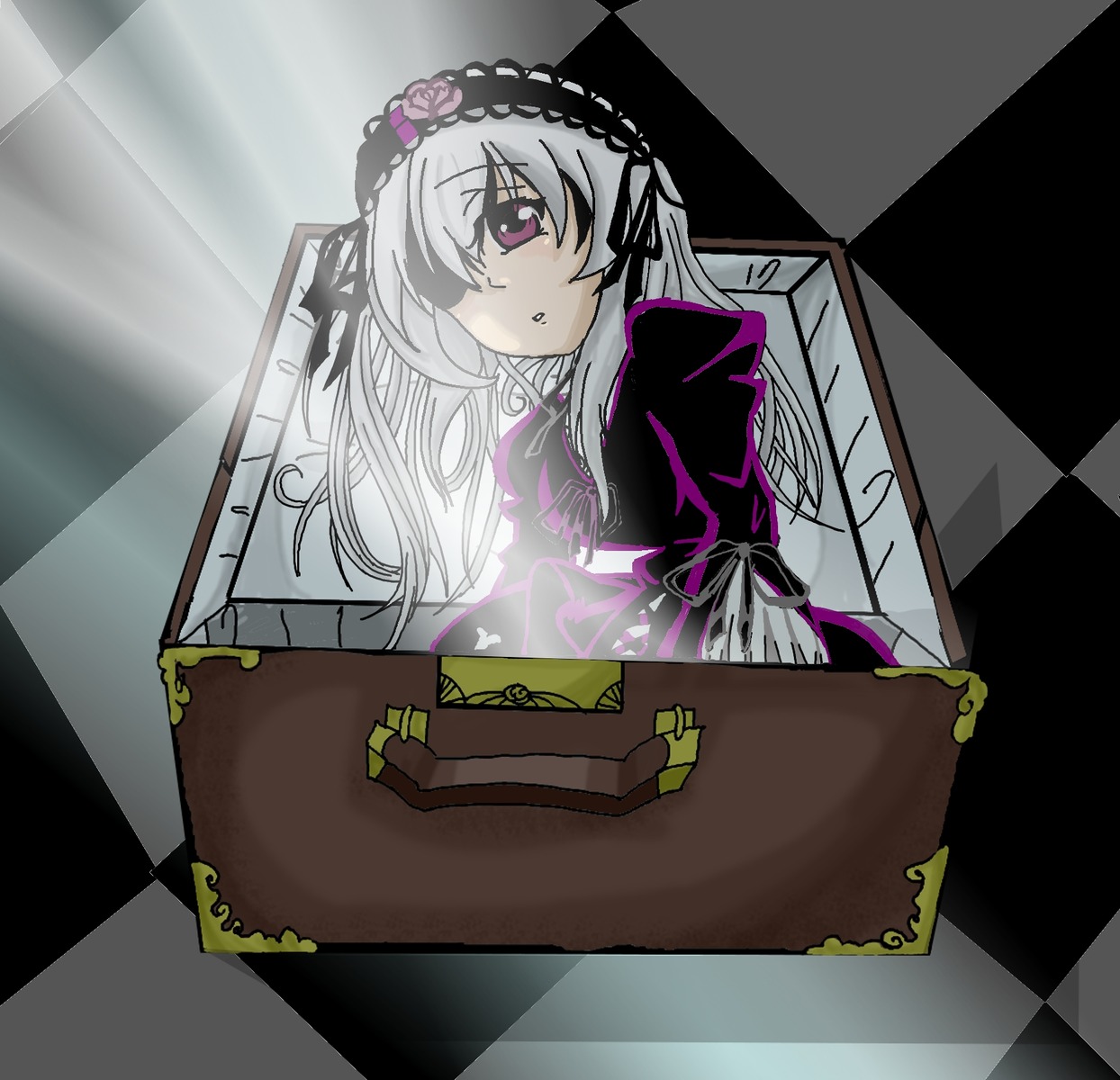 1girl argyle argyle_background board_game checkered checkered_background checkered_floor chess_piece dress frills hairband image long_hair long_sleeves perspective silver_hair solo suigintou suitcase tile_floor tiles wings