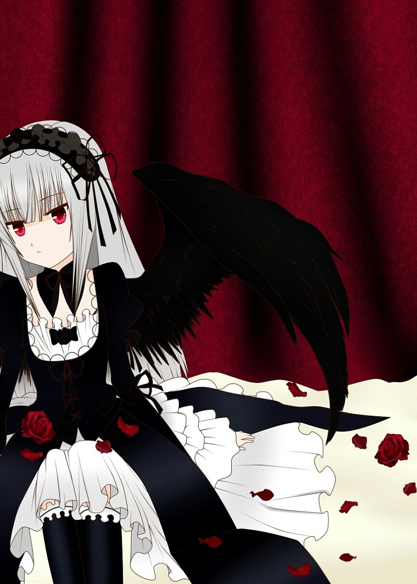 1girl black_wings dress expressionless feathered_wings flower frills hairband lolita_fashion long_hair long_sleeves petals red_eyes red_flower red_rose rose rose_petals silver_hair solo suigintou wings