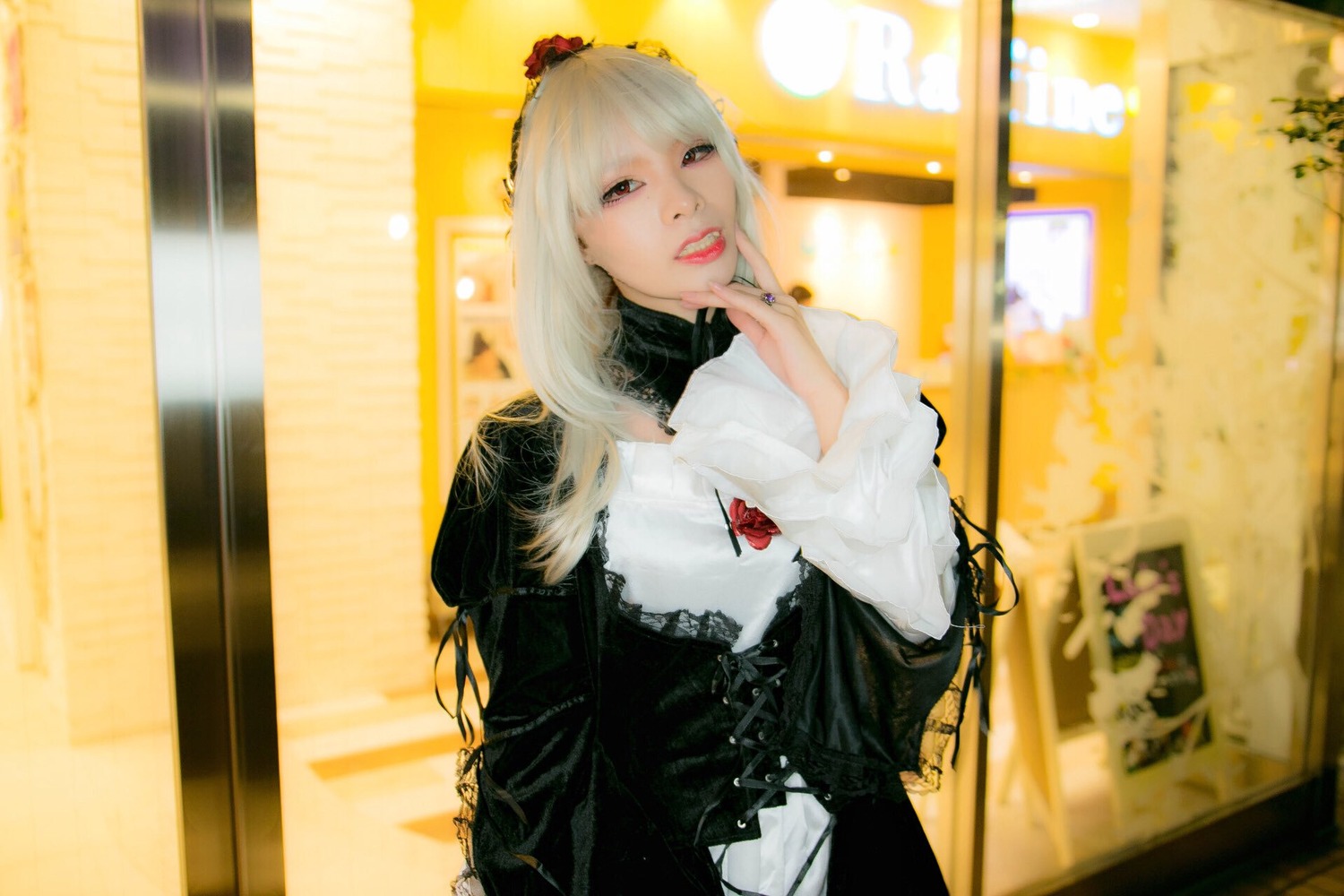 1girl blurry lips long_hair long_sleeves looking_at_viewer nail_polish photo red_lipstick solo suigintou