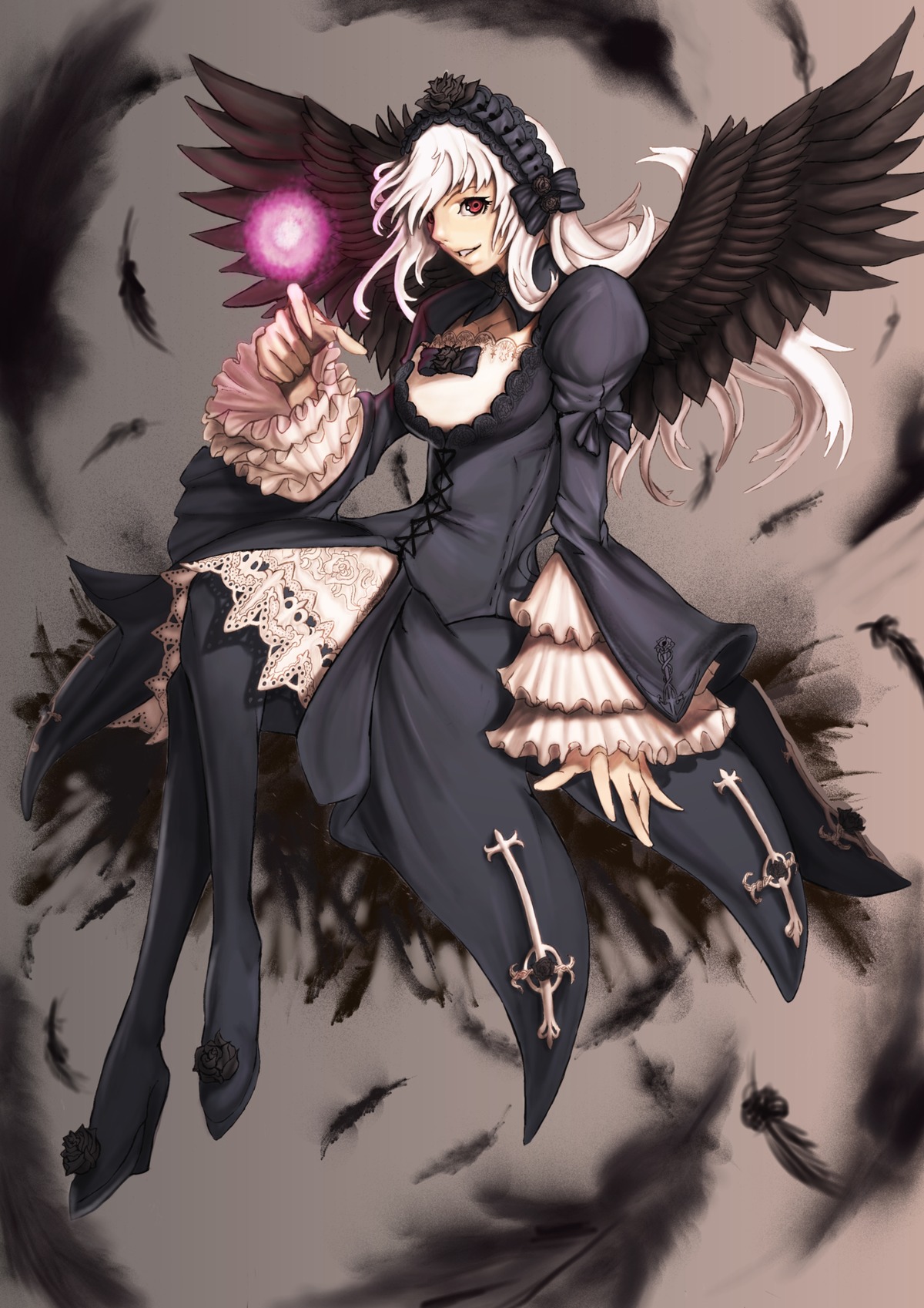 1girl auto_tagged bird black_dress black_feathers black_legwear black_wings breasts crow dress feathered_wings feathers frilled_sleeves frills full_body hairband image long_hair long_sleeves red_eyes solo suigintou thighhighs white_feathers white_hair wide_sleeves wings