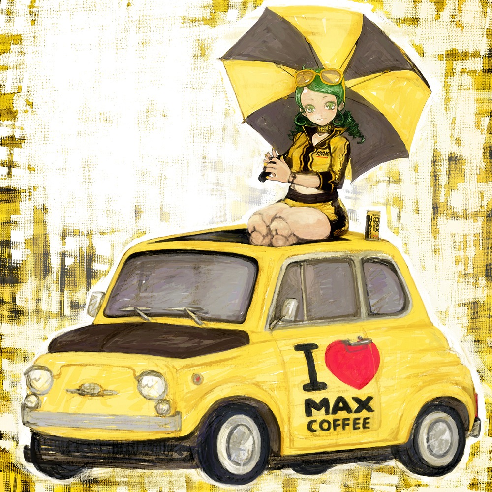 1girl braid car eyewear_on_head green_eyes green_hair ground_vehicle holding_umbrella image jacket kanaria looking_at_viewer motor_vehicle solo twin_braids umbrella yellow_jacket