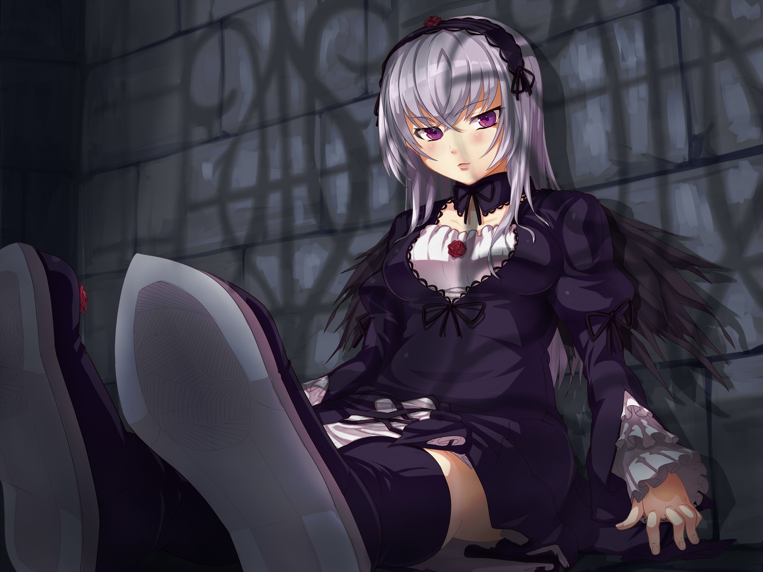 1girl absurdres bad_id bad_pixiv_id black_dress black_legwear blush boots doll_joints dress foreshortening frilled_sleeves frills gothic_lolita grey_hair hairband highres image joints juliet_sleeves lolita_fashion lolita_hairband long_hair long_sleeves looking_at_viewer onsen_nakaya photoshop_(medium) pink_eyes purple_eyes rose rozen_maiden shoe_soles shoes silver_hair sitting solo suigintou thighhighs wings
