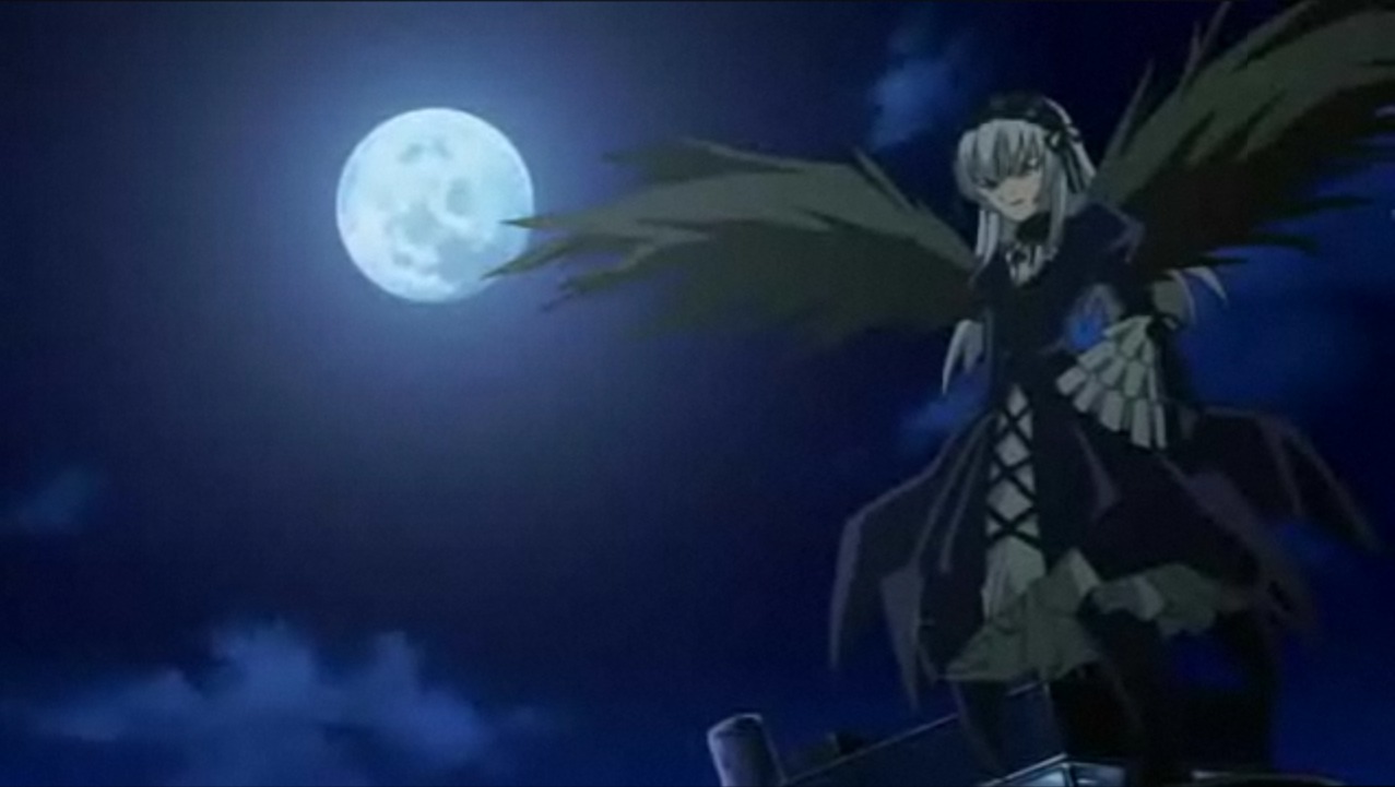 1girl black_wings dress frills full_moon hairband image long_hair long_sleeves moon night outdoors sky solo standing suigintou wings