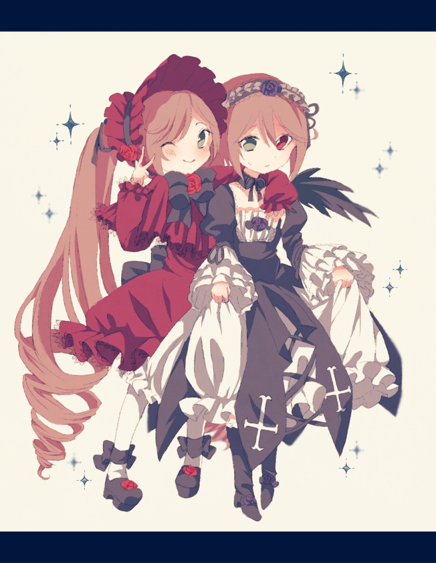 2girls bonnet brown_hair costume_switch dress drill_hair flower frills green_eyes heterochromia image long_hair long_sleeves multiple_girls one_eye_closed red_eyes red_flower red_rose rose short_hair siblings sisters smile souseiseki sparkle star_(symbol) suiseiseki twins wings