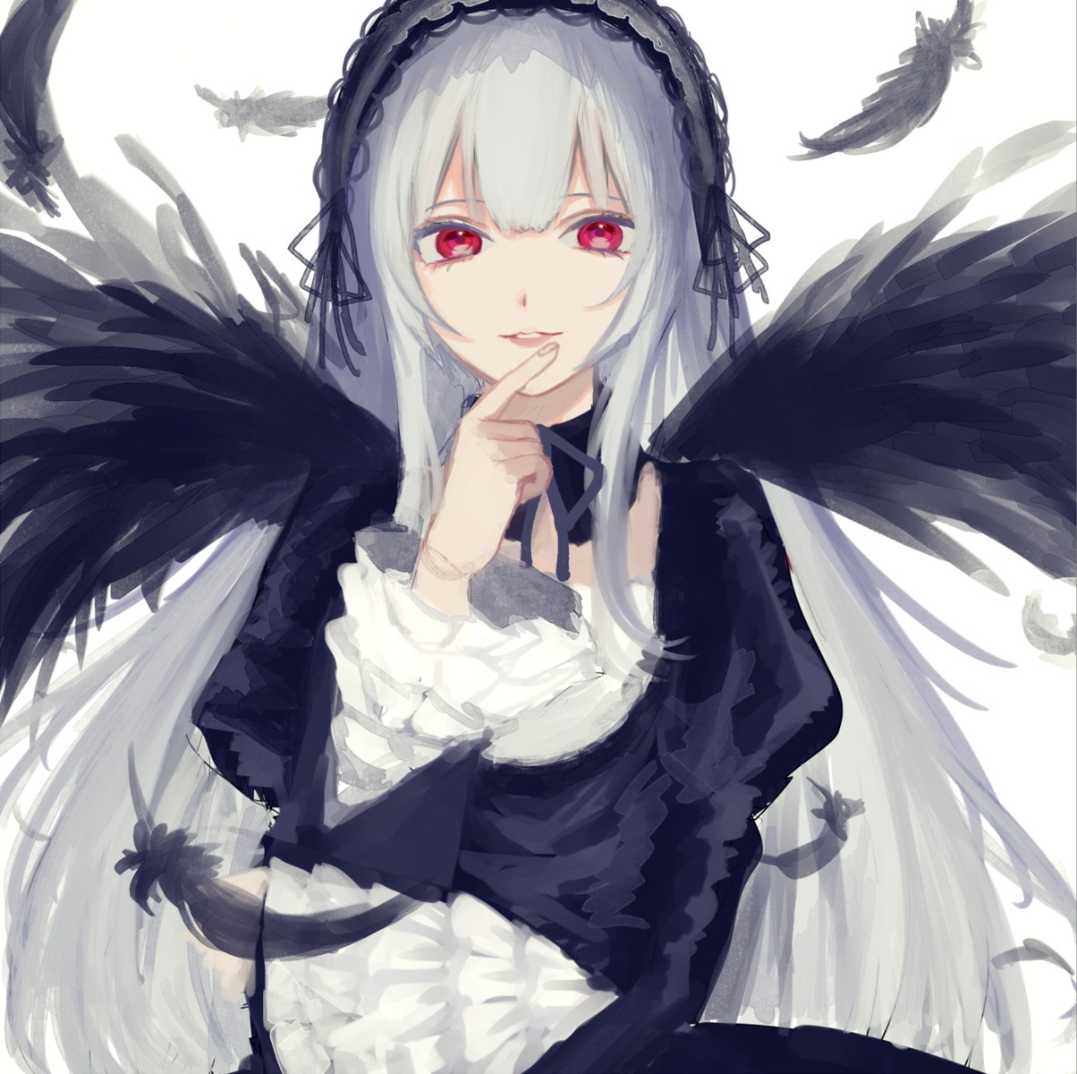 1girl angel_wings bangs bird black_feathers black_wings crow doll_joints dove dress feathered_wings feathers finger_to_mouth frills hairband image joints lolita_fashion long_hair long_sleeves looking_at_viewer red_eyes ribbon silver_hair solo suigintou very_long_hair white_background white_feathers wings