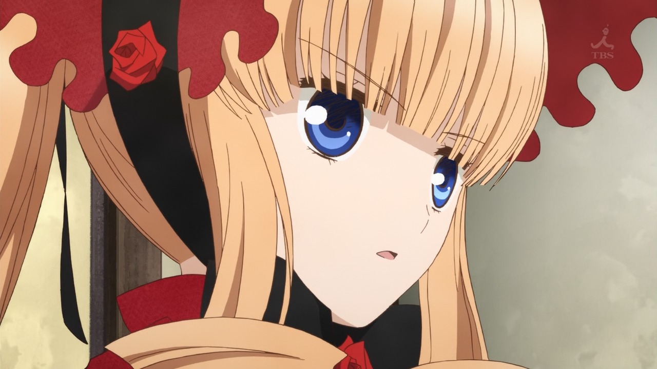 1girl bangs blonde_hair blue_eyes bow dress drill_hair flower hat image long_hair looking_at_viewer red_flower red_rose rose shinku solo twintails