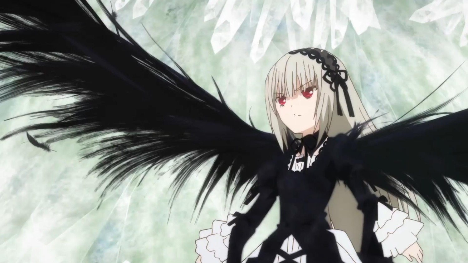 1girl bangs black_dress black_ribbon black_wings closed_mouth dress frills hairband image long_hair long_sleeves looking_at_viewer red_eyes ribbon silver_hair solo suigintou very_long_hair wings