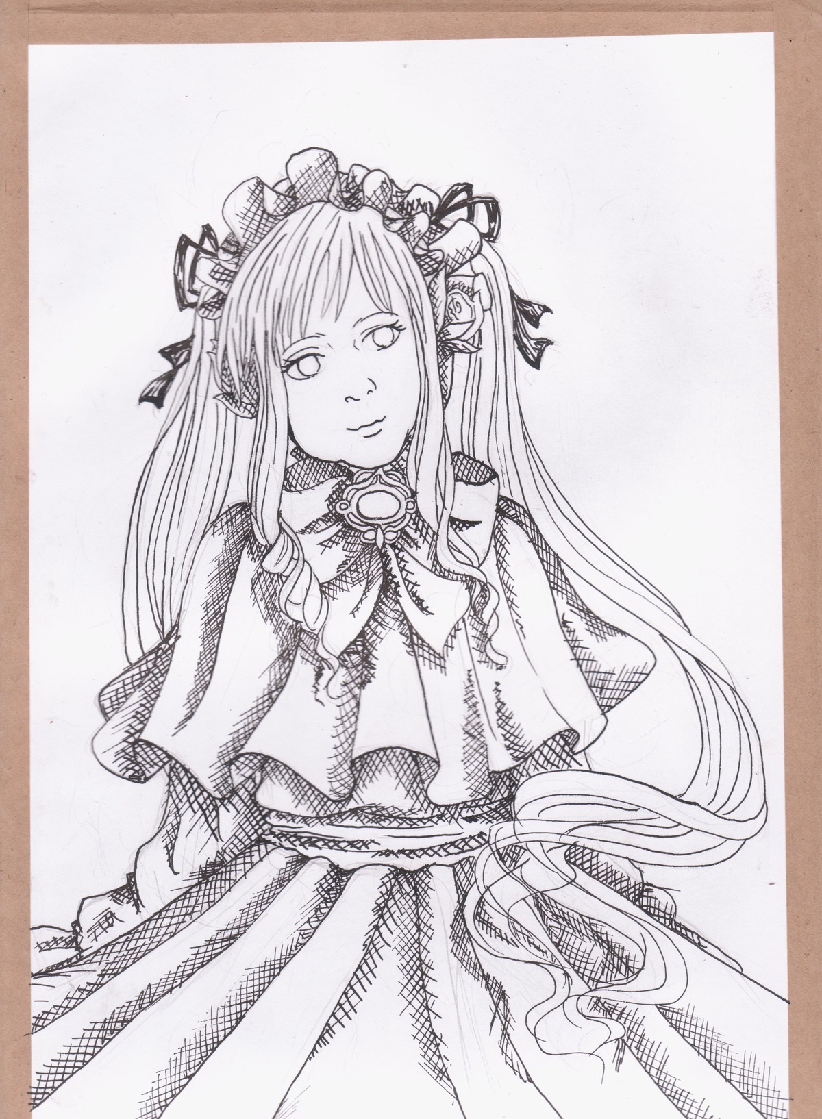1girl border brooch capelet dress graphite_(medium) greyscale hair_ornament hair_ribbon image jewelry long_hair looking_at_viewer monochrome ribbon shinku simple_background smile solo traditional_media