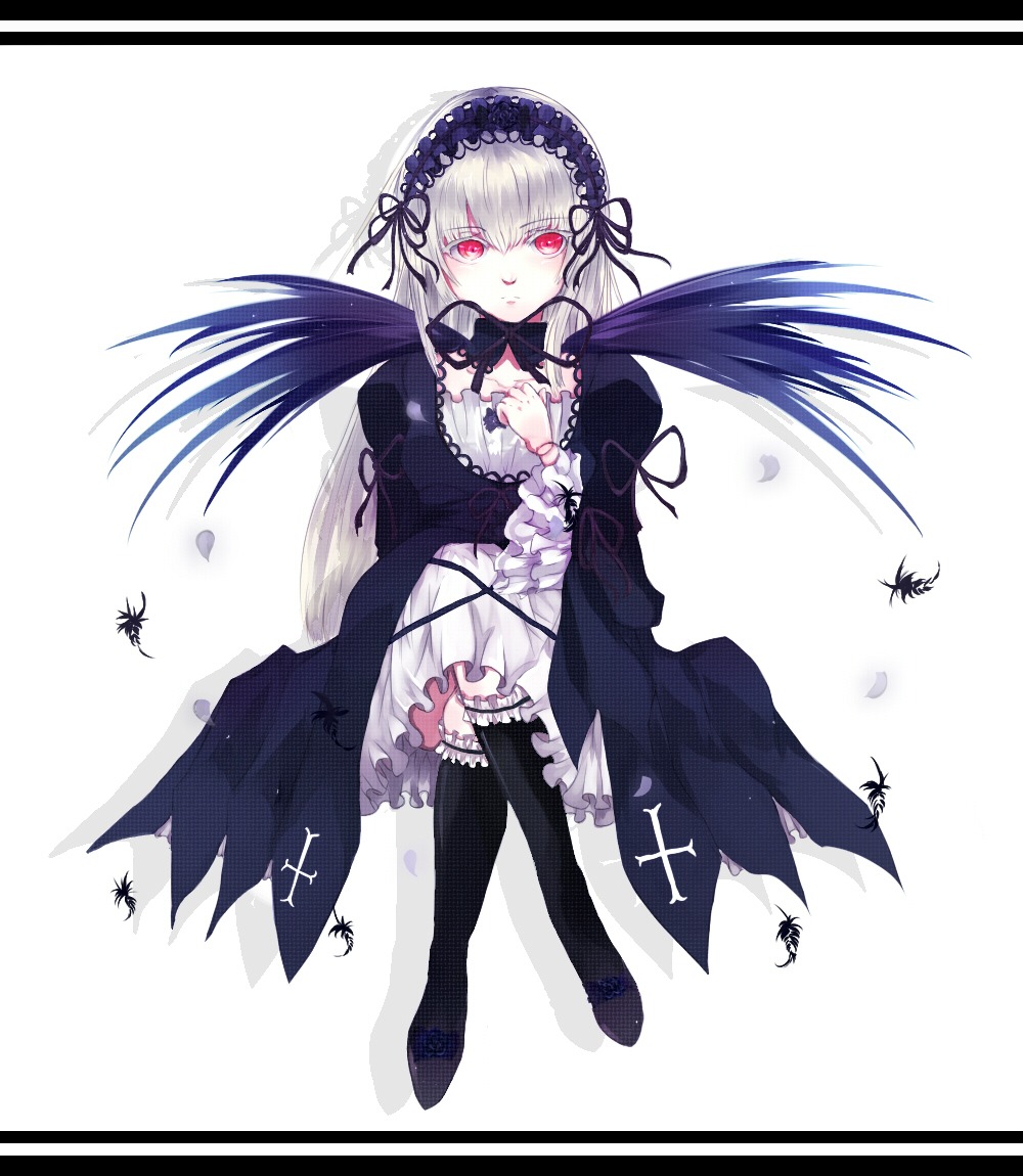 1girl bug butterfly dress feathers flower frills hairband image insect letterboxed lolita_fashion lolita_hairband long_hair long_sleeves looking_at_viewer red_eyes ribbon solo suigintou thighhighs wings