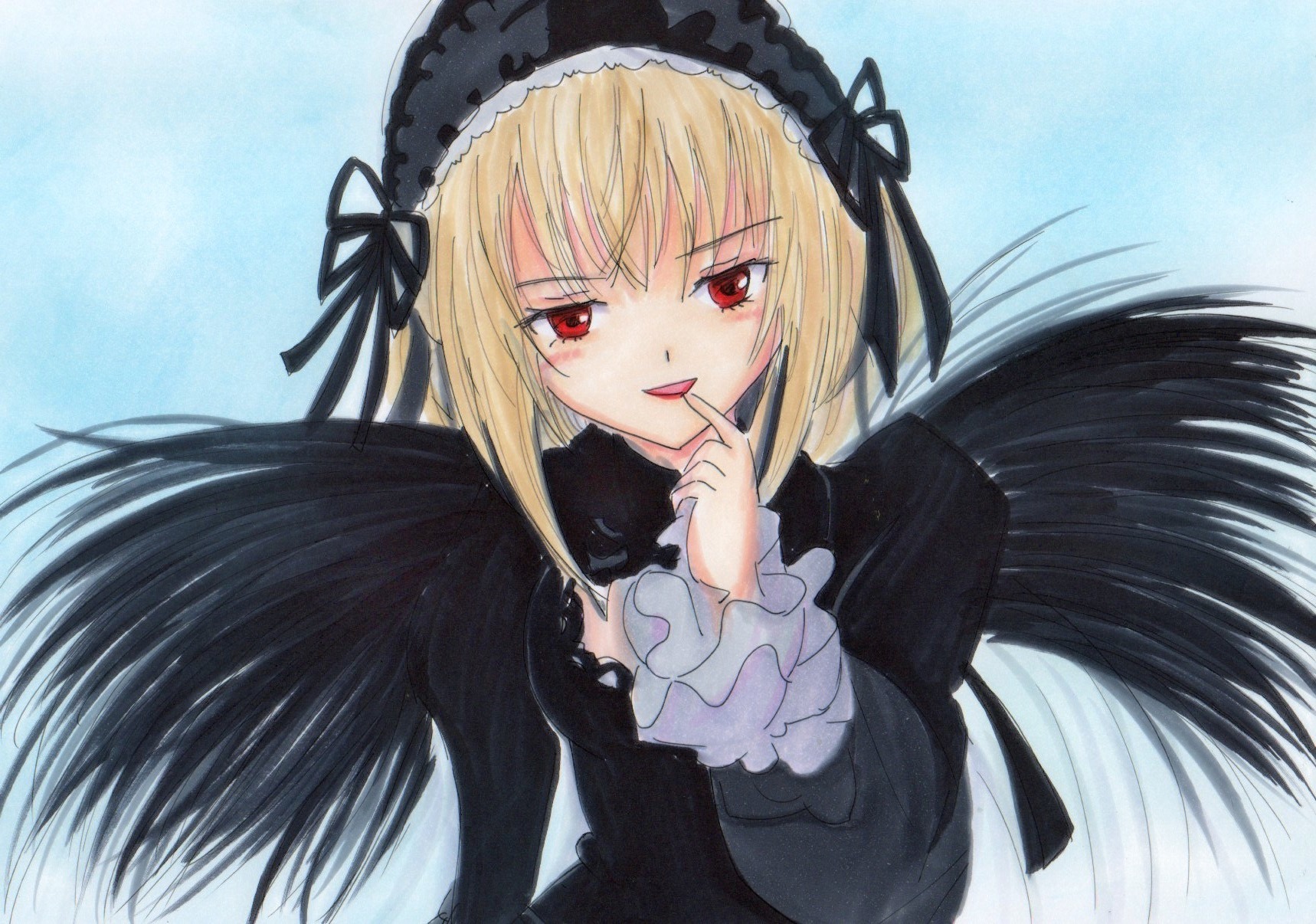 1girl black_dress black_ribbon black_wings blonde_hair dress feathered_wings finger_to_mouth frills hairband image lolita_hairband long_hair long_sleeves looking_at_viewer red_eyes ribbon smile solo suigintou upper_body wings