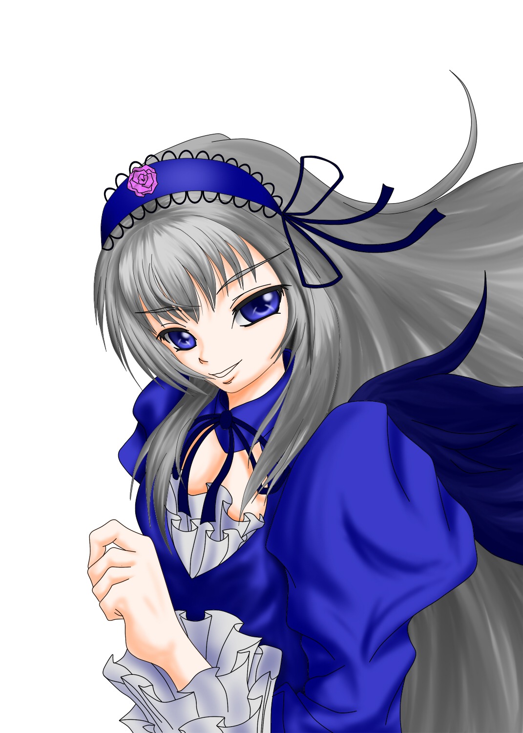 1girl black_wings blue_eyes dress flower frilled_sleeves frills hairband image long_hair long_sleeves looking_at_viewer puffy_sleeves ribbon rose silver_hair simple_background smile solo suigintou white_background wings