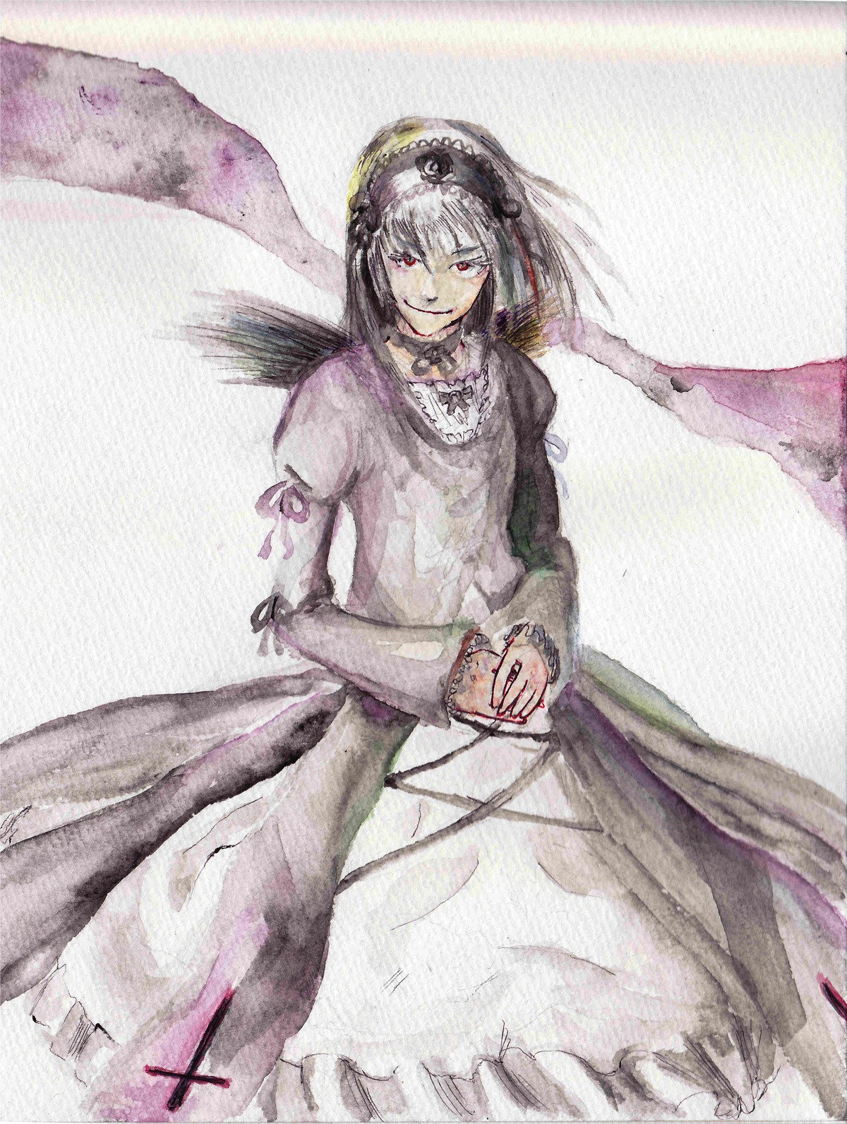 1girl black_wings dress frilled_sleeves frills image juliet_sleeves long_sleeves looking_at_viewer puffy_sleeves red_eyes silver_hair smile solo standing suigintou traditional_media wings