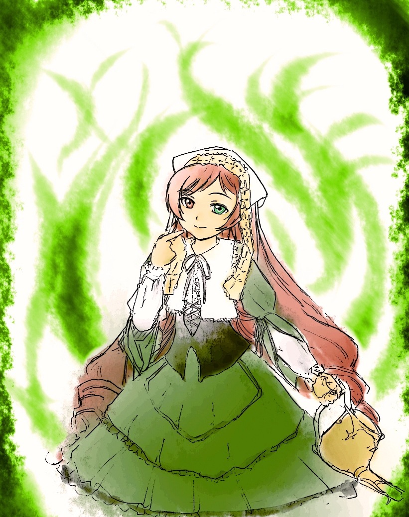 1girl dress frills green_dress green_eyes heterochromia image long_hair long_sleeves looking_at_viewer outdoors red_eyes smile solo suiseiseki very_long_hair