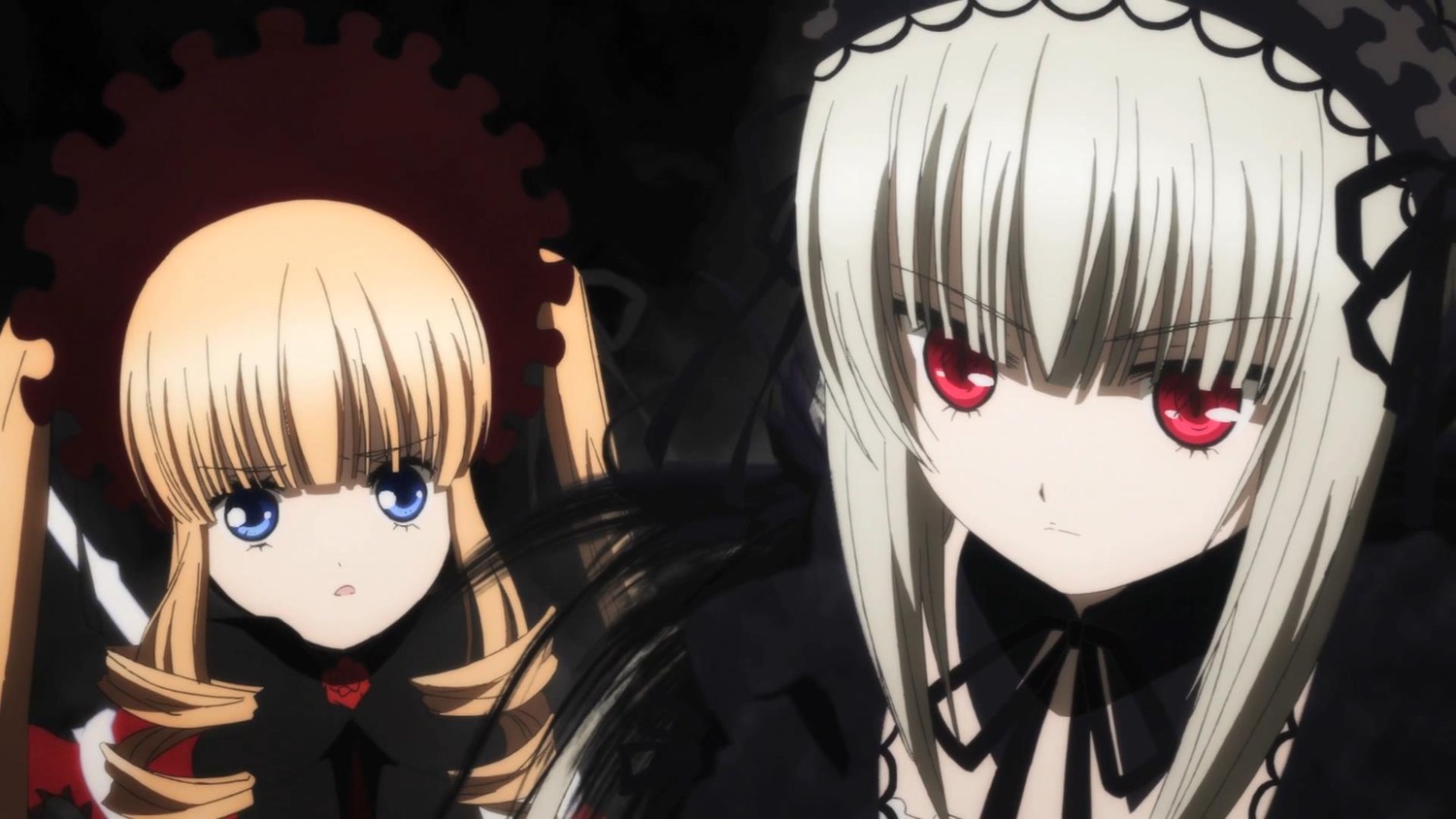 2girls blonde_hair blue_eyes bonnet dress drill_hair frills hairband image long_hair looking_at_viewer multiple_girls pair red_eyes ribbon shinku silver_hair simple_background suigintou