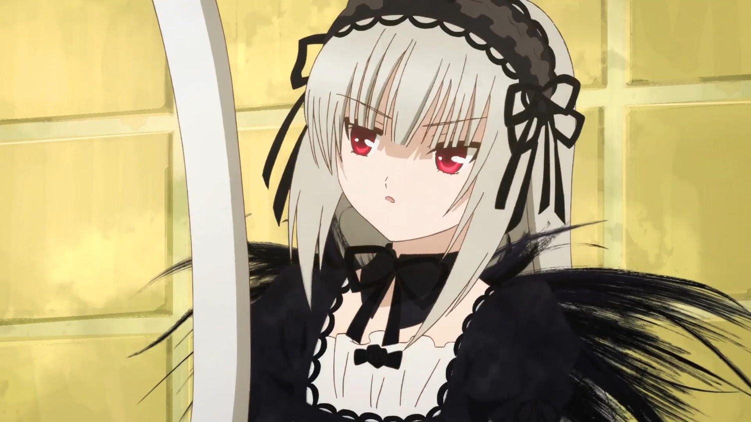 1girl bangs black_ribbon black_wings detached_collar dress eyebrows_visible_through_hair hairband image long_hair long_sleeves looking_at_viewer red_eyes ribbon silver_hair solo suigintou wings