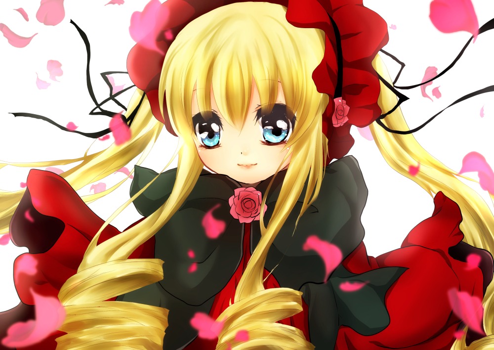 1girl blonde_hair blue_eyes bow dress flower hat image long_hair long_sleeves looking_at_viewer petals pink_flower pink_rose red_dress rose rose_petals shinku solo twintails very_long_hair