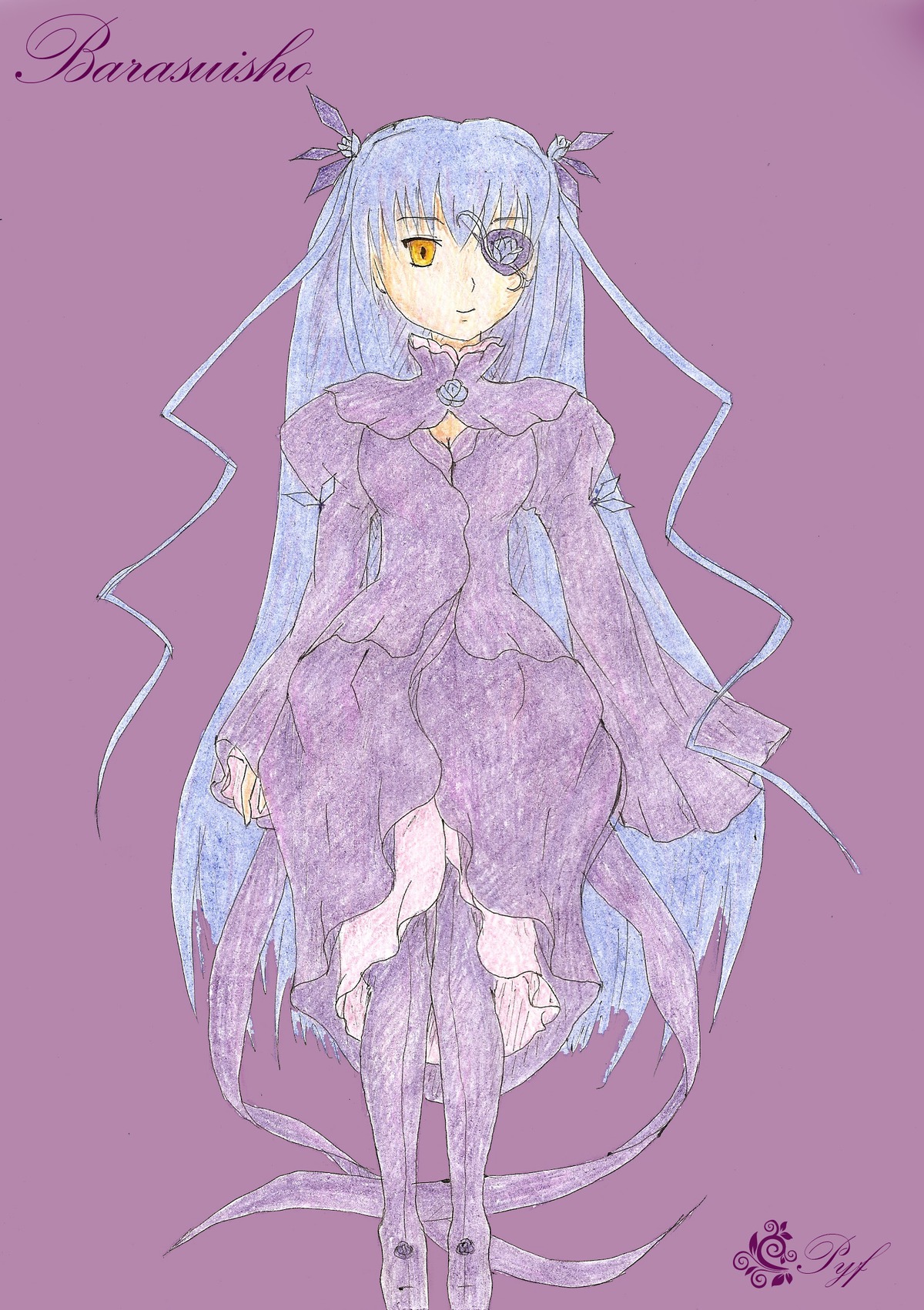 1girl barasuishou dress full_body hair_ornament image long_hair long_sleeves purple_background simple_background solo two_side_up very_long_hair yellow_eyes