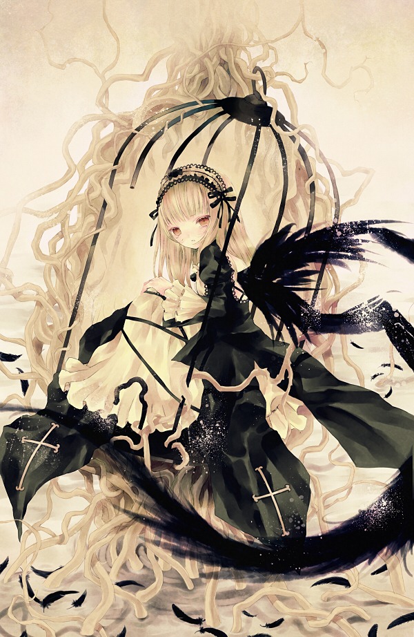 1girl bad_id bad_pixiv_id birdcage black_flower black_ribbon black_rose black_wings blonde_hair cage cross dress feathers flower frilled_sleeves frills gothic_lolita hairband image lolita_fashion lolita_hairband long_hair long_sleeves looking_at_viewer orange_eyes red_eyes ribbon ringo_komachi roots rose rozen_maiden solo suigintou wings