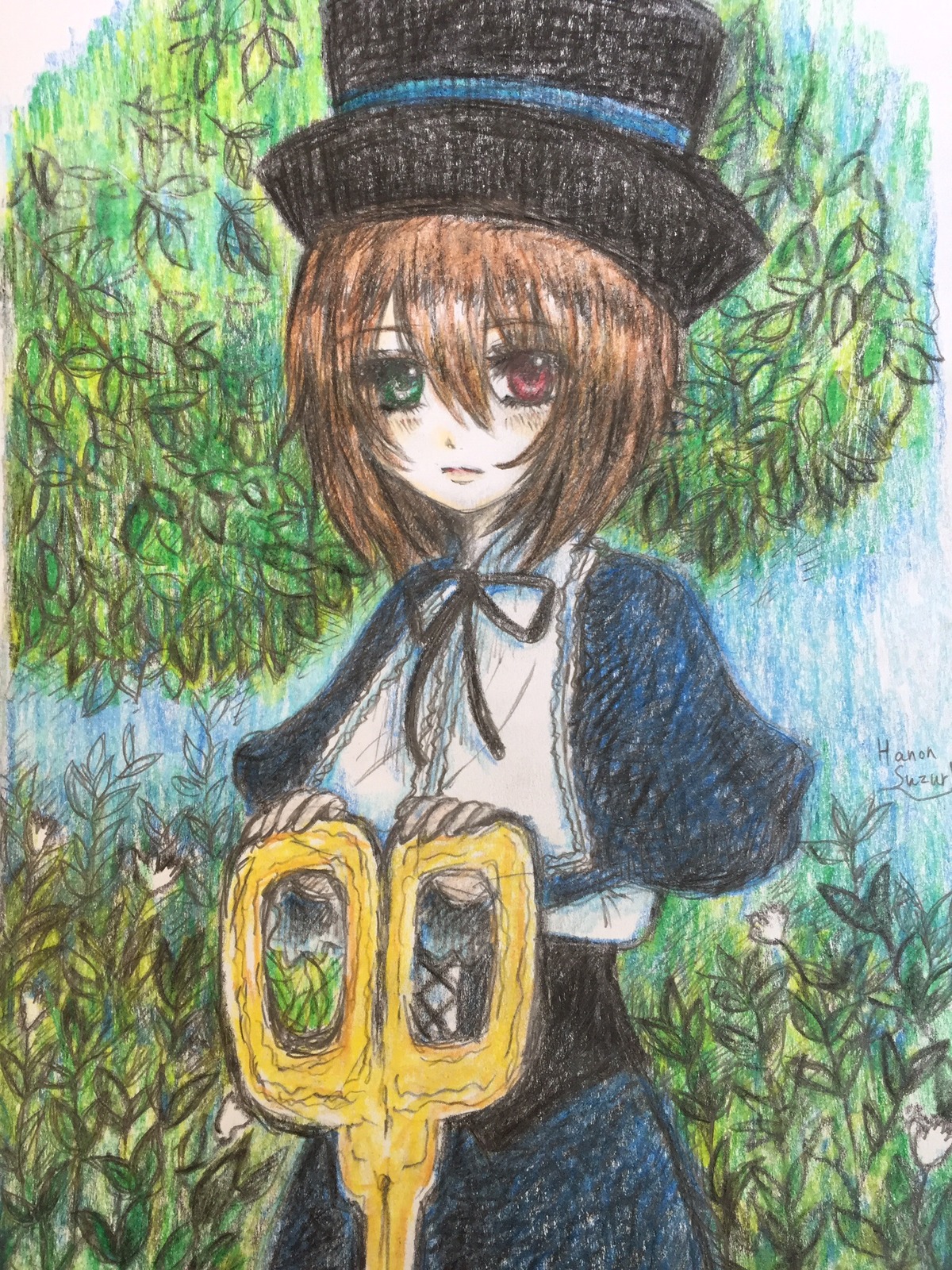 1girl brown_hair colored_pencil_(medium) dress grass green_eyes hat heterochromia holding image long_sleeves looking_at_viewer marker_(medium) plant red_eyes short_hair smile solo souseiseki traditional_media watercolor_(medium)