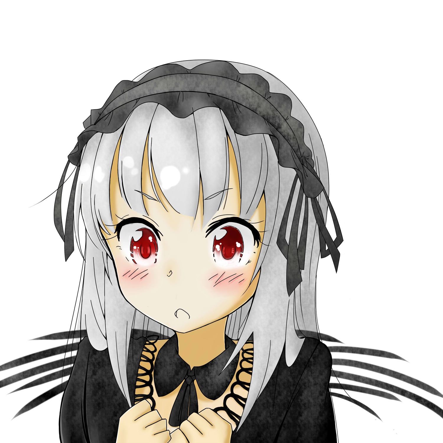 1girl :o bangs black_dress black_ribbon blush dress eyebrows_visible_through_hair hairband image long_hair long_sleeves looking_at_viewer open_mouth red_eyes ribbon silver_hair solo striped striped_background suigintou vertical_stripes white_background