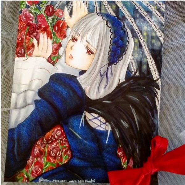 1girl dress flower hairband image long_sleeves looking_at_viewer lying on_stomach photo red_eyes red_flower red_rose rose silver_hair solo suigintou wings