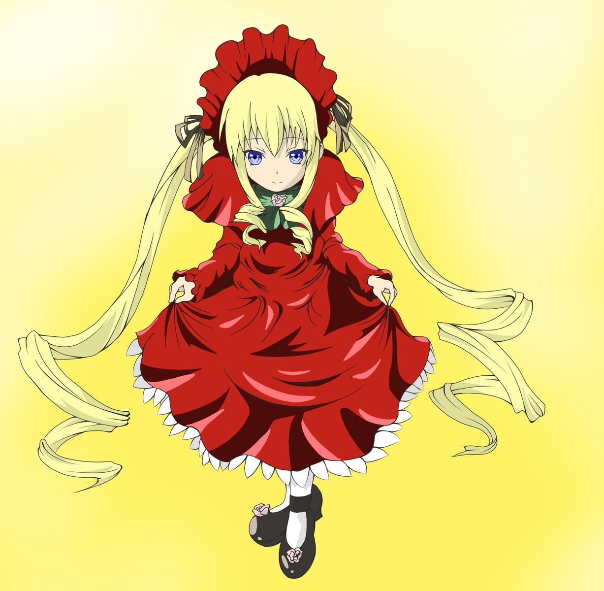 1girl blonde_hair blue_eyes bonnet bow bowtie dress drill_hair full_body green_bow green_neckwear image long_hair long_sleeves looking_at_viewer red_dress shinku shoes simple_background smile solo standing twin_drills twintails very_long_hair yellow_background