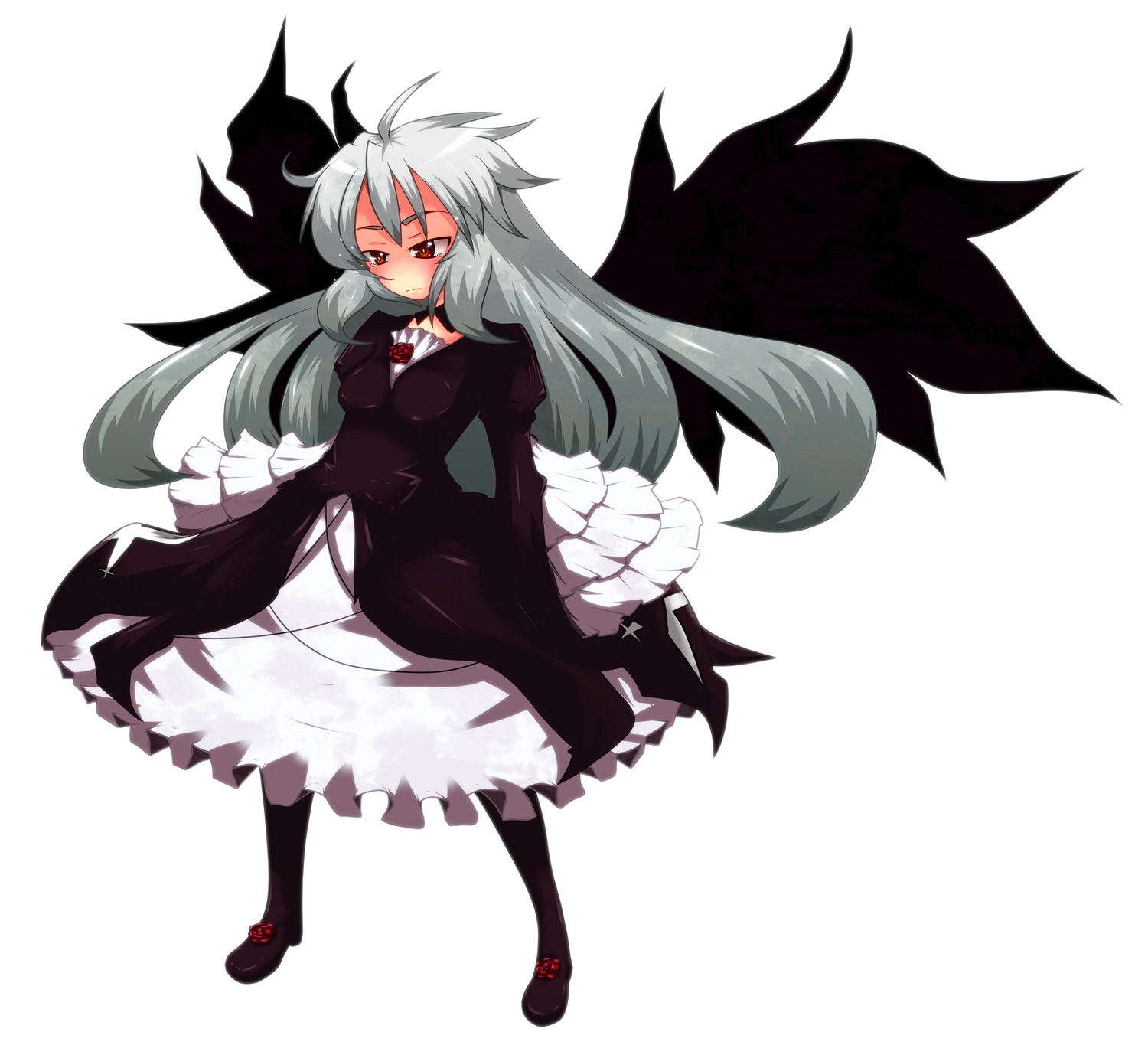 1girl black_legwear blush dress frills full_body image long_hair long_sleeves pantyhose red_eyes shoes solo striped striped_background suigintou vertical_stripes very_long_hair wings