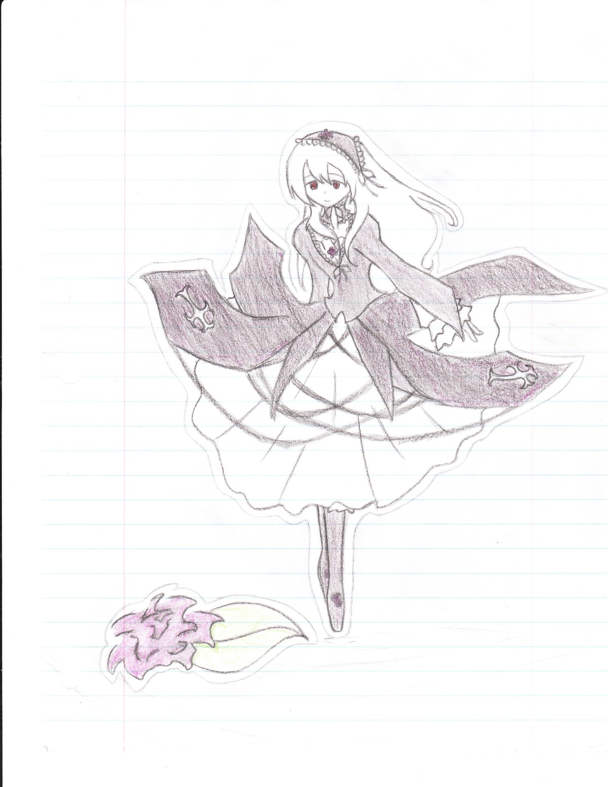 1girl dress frills full_body hairband image long_hair long_sleeves monochrome solo suigintou wings