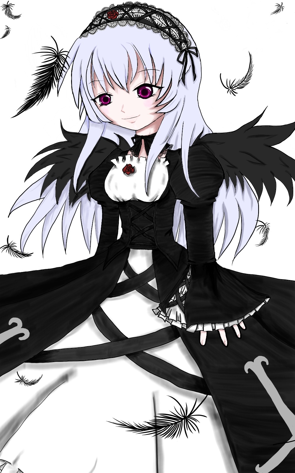 1girl black_wings bug butterfly dress feathers flower frills hairband image insect juliet_sleeves lolita_hairband long_hair long_sleeves looking_at_viewer pink_eyes puffy_sleeves silver_hair smile solo suigintou white_background wings