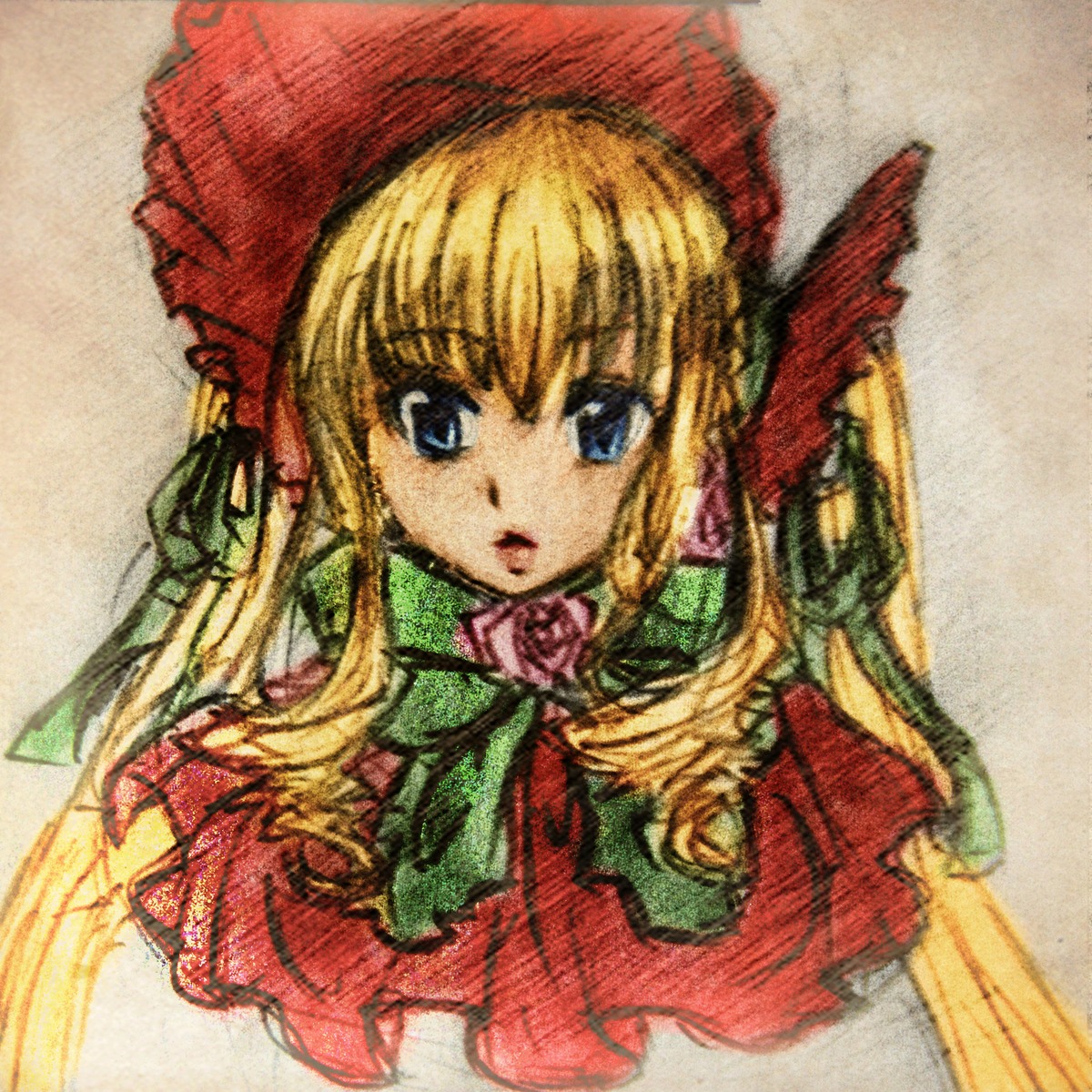 1girl bangs blonde_hair blue_eyes bonnet bow bowtie dress flower green_bow green_neckwear image long_hair long_sleeves looking_at_viewer rose shinku solo upper_body