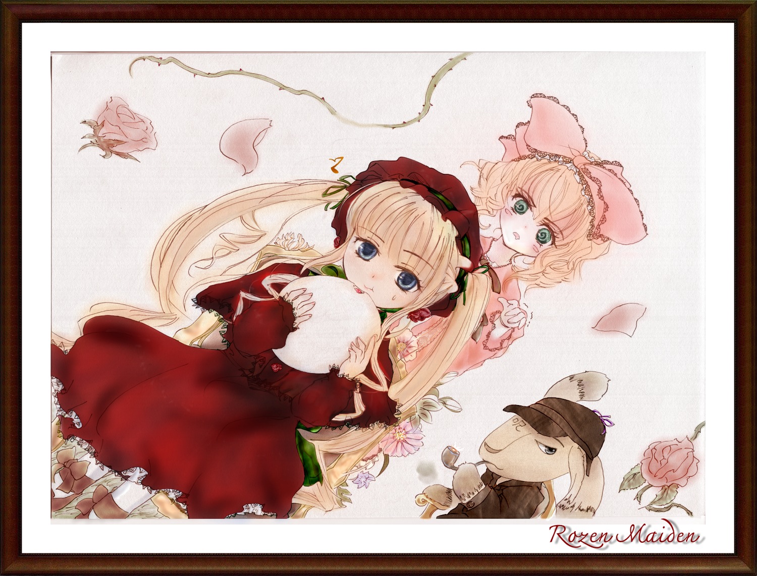 3girls blonde_hair blue_eyes bonnet border bow cup dress flower hat hinaichigo image long_hair long_sleeves looking_at_viewer multiple_girls pair pink_bow red_dress shinku sitting twintails very_long_hair