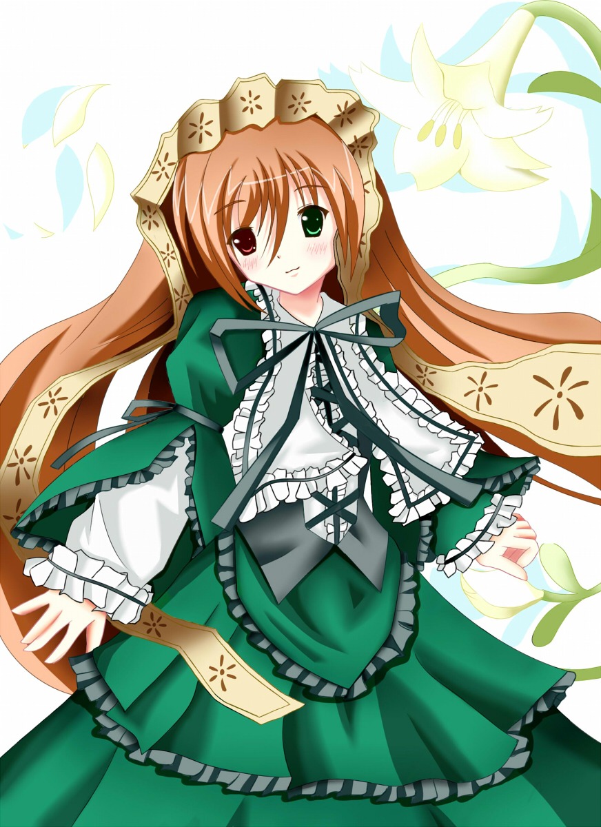 1girl blush brown_hair dress frills green_dress green_eyes heterochromia image long_hair long_sleeves looking_at_viewer red_eyes solo suiseiseki twintails