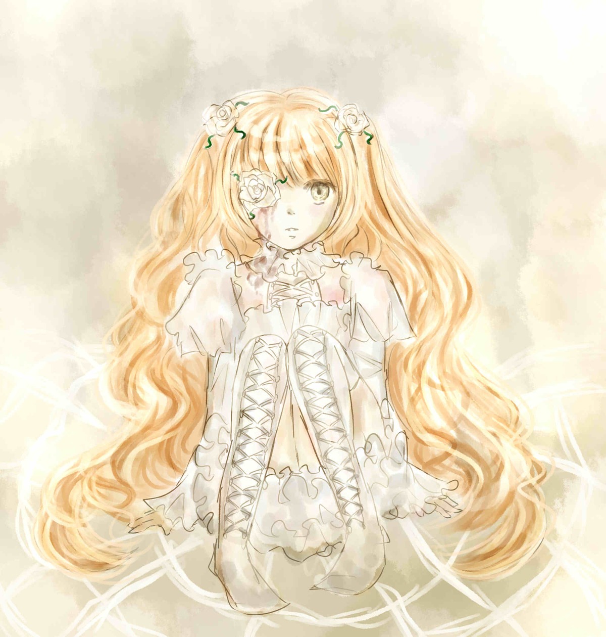 1girl auto_tagged blonde_hair boots cross-laced_footwear dress eyepatch flower frills hair_flower hair_ornament image joints kirakishou knee_boots long_hair rose sitting solo thigh_boots very_long_hair wavy_hair white_dress white_flower