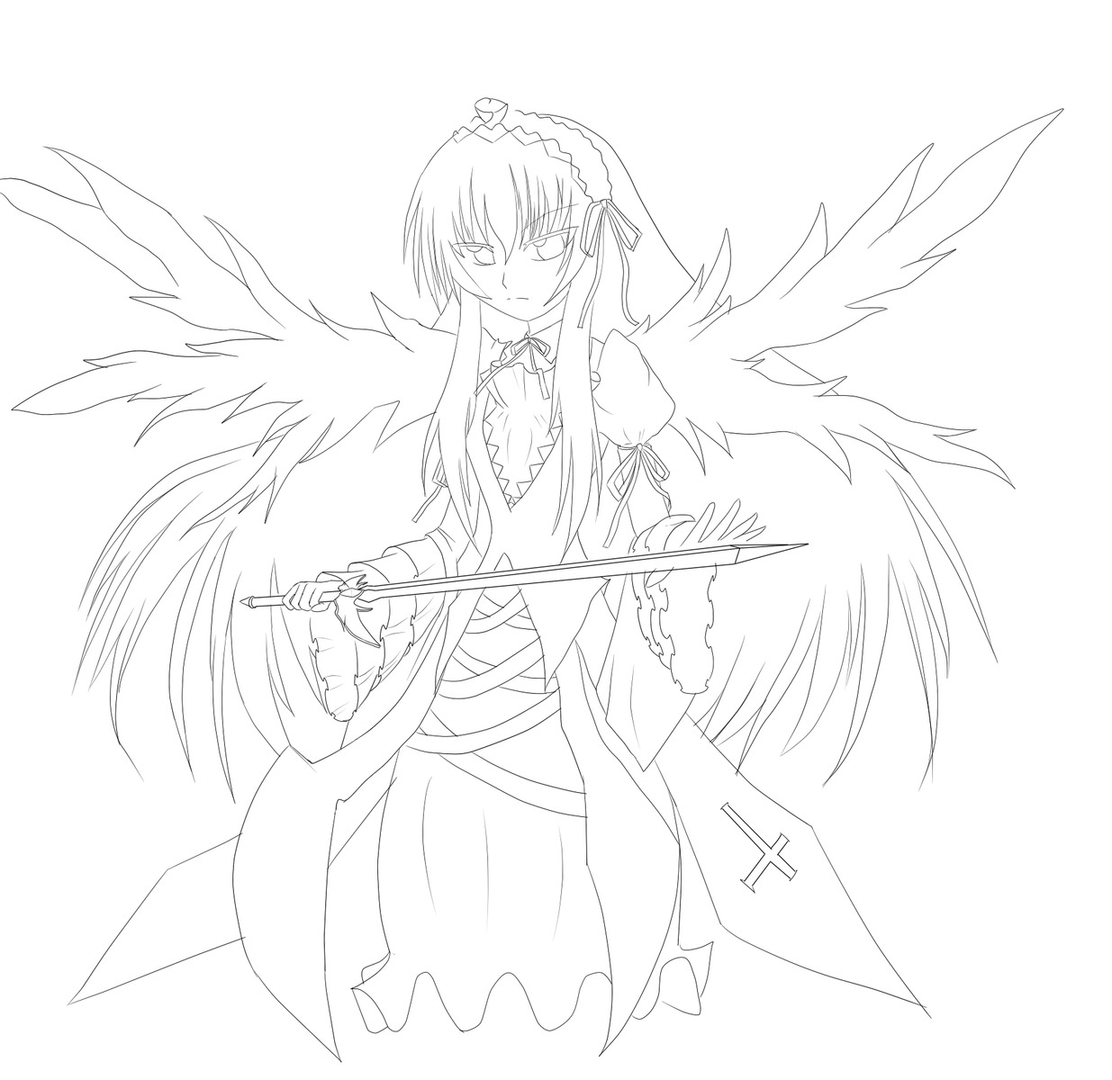 1girl dress feathered_wings frills full_body greyscale hairband holding holding_weapon image long_hair long_sleeves looking_at_viewer monochrome ribbon simple_background solo standing suigintou very_long_hair weapon white_background wings