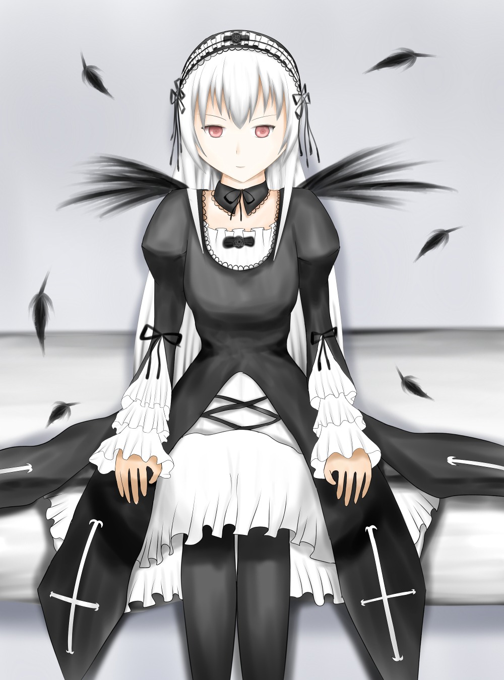 1girl bangs bird black_feathers black_wings closed_mouth crow dove dress feathered_wings feathers frills hairband image juliet_sleeves long_sleeves looking_at_viewer pantyhose puffy_sleeves red_eyes ribbon sitting solo suigintou white_feathers wings